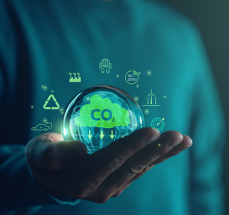 Person holds a sphere that is surronded environmental symbols in green 