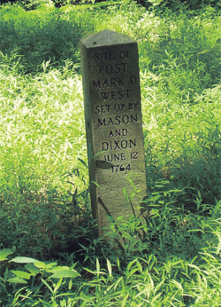 MONUMENT MARKING THE “POST MARK’D WEST IN MR. BRYAN’S FIELD” NEAR NEWARK, DELAWARE.