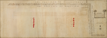 THE MAP OF THE SURVEY PREPARED BY MASON AND DIXON AND SIGNED AND SEALED BY THE 12 BOUNDARY COMMISSIONERS, INCLUDING COLONIAL GOVERNOR HORATIO SHARPE FOR MARYLAND AND BENJAMIN CHEW FOR PENNSYLVANIA.