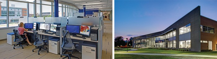 THE NEW ENGINEERING SYSTEMS BUILDING AT OLD DOMINION UNIVERSITY INCLUDES THIS COLLABORATORY, WHERE A GRADUATE STUDENT WORKS AT A 3D VISUALIZATION DESK.
