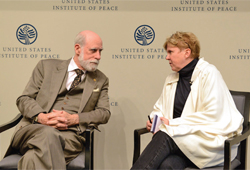 VINT CERF, ONE OF THE FATHERS OF THE INTERNET, AND JANE HOLL LUTE, FORMER DEPUTY SECRETARY OF HOMELAND SECURITY, AT THE PEACETECH SUMMIT IN SEPTEMBER.