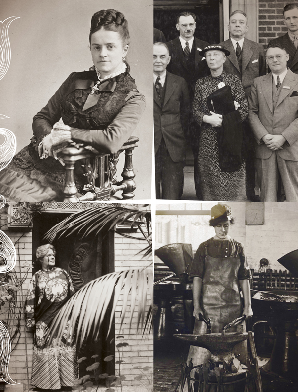 CLOCKWISE FROM TOP LEFT: SPECIAL COLLECTIONS AND UNIVERSITY ARCHIVES, RUTGERS UNIVERSITY LIBRARIES; COURTESY OF PURDUE UNIVERSITY LIBRARIES, VIRGINIA KELLY KARNES ARCHIVES AND SPECIAL COLLECTION; COURTESY OF THE GLEASON FAMILY, FROM THE LIFE AND LETTERS OF KATE GLEASON BY JANIS F. GLEASON (RIT PRESS, 2010); UNIVERSITY OF KENTUCKY MARGARET INGELS COLLECTION, CIRCA 1845-1967, UNIVERSITY OF KENTUCKY SPECIAL COLLECTIONS