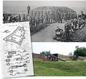 SOLDIERS (TOP LEFT CORNER AND ABOVE TOP) POSE FOR A PHOTO INSIDE FORT STEVENS, WHICH IN JULY 1864 STOOD BETWEEN CONFEDERATE LT. GEN. JUBAL EARLY AND WASHINGTON. CANONS (ABOVE BOTTOM) LOOK OUT OVER THE NATION’S CAPITAL AT A PARTIAL RESTORATION OF FORT STEVENS TODAY. ENGINEERING DRAWINGS FOR FORT ETHAN ALLEN (ABOVE LEFT) FROM JOHN GROSS BARNARD’S 1871 REPORT ON WASHINGTON’S DEFENSES.