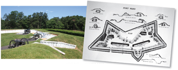 ENGINEERING DRAWINGS OF FORT WARD (ABOVE RIGHT) WERE USED TO PARTIALLY RESTORE THE FORT, NOW PART OF THE FORT WARD MUSEUM AND HISTORIC SITE (ABOVE LEFT) IN ALEXANDRIA, VIRGINIA.