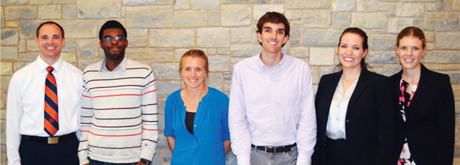 THE FINALISTS FROM THE 2013 UNIVERSITY OF VIRGINIA COMPETITION (LEFT TO RIGHT): NEIL PETERSON, NURSING; PHILIP ASARE, ELECTRICAL AND COMPUTER ENGINEERING; CHRISTINE MONAGHAN, EDUCATION; GEORGE CORTINA (RUNNER-UP), BIOMEDICAL ENGINEERING; LINDSEY BRINTON (FIRST PLACE), BIOMEDICAL ENGINEERING; LAURA ALEXANDER, RELIGIOUS STUDIES.