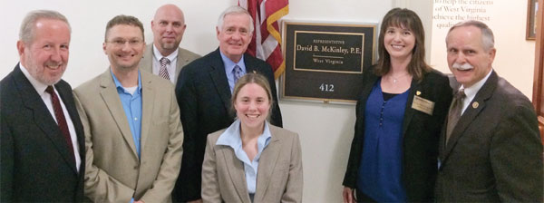 LONGTIME NSPE MEMBER REP. DAVID McKINLEY, P.E. (R-WV), FAR RIGHT, TALKED WITH NSPE LEADERS ABOUT ELEVATING THE ROLE OF THE PE AND INCREASING AWARENESS OF LICENSURE’S VALUE ACROSS CONGRESS.