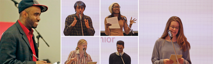 LEFT: NEHEMIAH MABRY, E.I.T., AND OTHERS LAUNCHED A STEM POETRY SLAM AT NC STATE. MIDDLE: STUDENTS PERFORM THEIR POEMS. FAR RIGHT: MORGAN SANCHEZ’S POEM CENTERED ON HER ROLE AS A WOMAN AND MINORITY IN ENGINEERING.