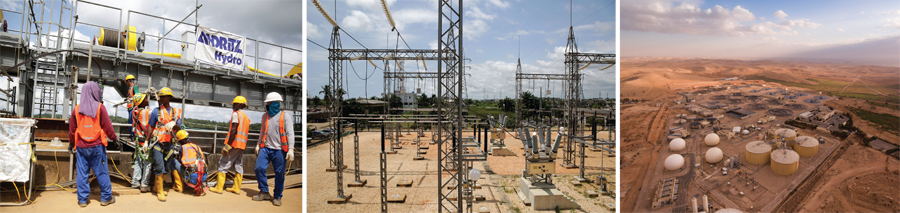 FAR LEFT: MCC IS WORKING WITH OTHER DONORS TO REHABILITATE AND UPGRADE THE MT. COFFEE HYDROPOWER DAM IN LIBERIA TO PROVIDE 88 MW OF POWER TO THE GRID. MIDDLE: THE VEDEKO SUBSTATION IN BENIN IS FORCED TO RELY ON IMPORTED POWER FROM NEIGHBORING COUNTRIES. MCC’S BENIN POWER COMPACT SUPPORTS BENIN’S EFFORTS TO UPGRADE ITS ELECTRICITY GRID AND BECOME ENERGY INDEPENDENT. RIGHT: MCC ASSISTED WITH THE EXPANSION OF THE AS-SAMRA WASTEWATER TREATMENT PLANT IN JORDAN, WHICH HELPED PROVIDE CLEAN WATER FOR FARM IRRIGATION AND HOUSEHOLD USE.