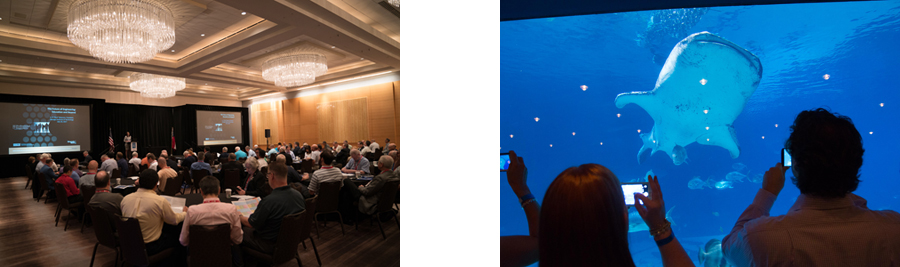 Left: Attendees listen to Georgia Tech President Bud Peterson discuss engineering education. Right: A big fish story from Atlanta