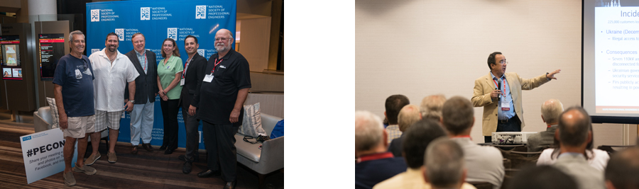 Left: Representatives, past and present, of the New York Society. Right: Mauricio Papa of the University of Tulsa talks about cybersecurity.