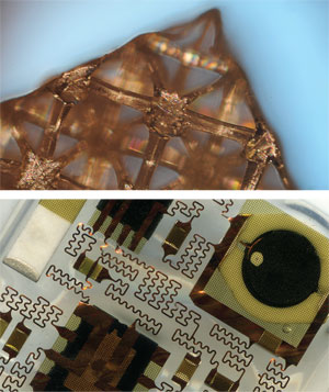 TOP: MICROSCOPIC IMAGE OF METAMATERIALS. BOTTOM: IMAGE OF A SOFT MICROFLUIDIC SENSOR, CAPTURED VIA A FLATBED SCANNER
