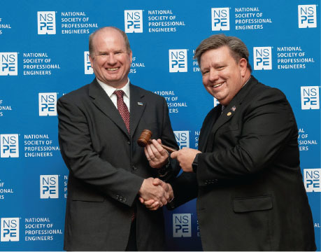 BRITT SMITH, P.E, F.NSPE, HANDS OVER THE PRESIDENTIAL GAVEL TO BILL ATKINSON, P.E., F.NSPE.