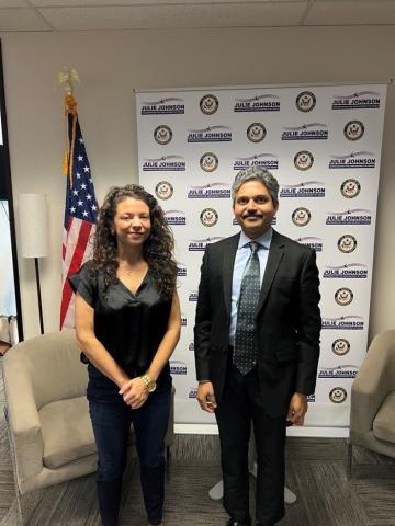 Satish Kumar Mantha, E.I.T., CFM meeting with District Director Sarah Slamen from the office of U.S. Representative Julie Johnson (TX).